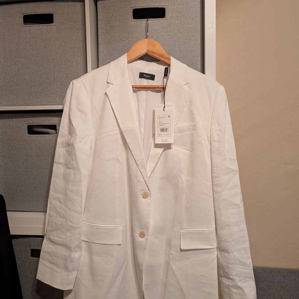 Theory White Stretch Linen Blazer with Button Detail Size 10